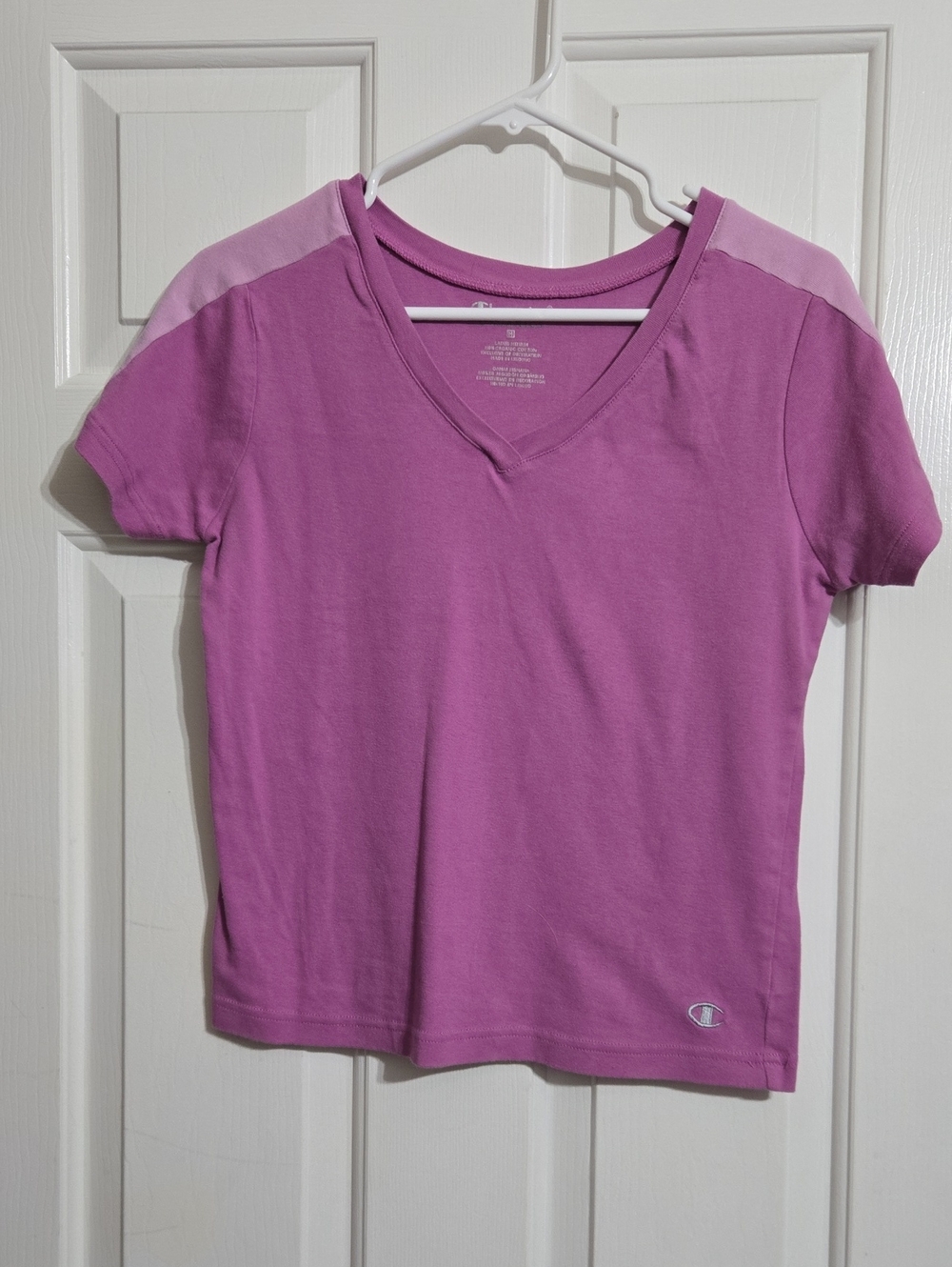 Champion Purple V-Neck Short Sleeve Tee with Light Purple Shoulder Panels